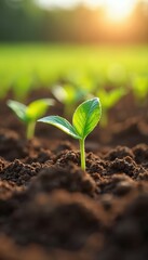 Fototapeta premium Close-up of soybean seedlings growing in soil, backlit by sunlight. Agriculture cultivation, crop growth. Young green plant sprout in fertile land, food production, eco farming, farming concept,