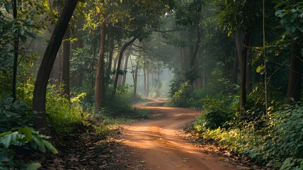 Bhadra Tiger Reserve's dirt path, jungle safari, double exposure image. Forest footpath or pathway in wildlife nature. India tropical road way digital artwork in sunset.