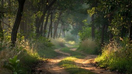 Obraz premium Bhadra Tiger Reserve's dirt path, jungle safari, double exposure image. Forest footpath or pathway in wildlife nature. India tropical road way digital artwork of green grass park with sunlight