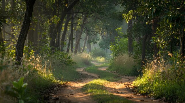 Bhadra Tiger Reserve's dirt path, jungle safari, double exposure image. Forest footpath or pathway in wildlife nature. India tropical road way  digital artwork of green grass park with sunlight