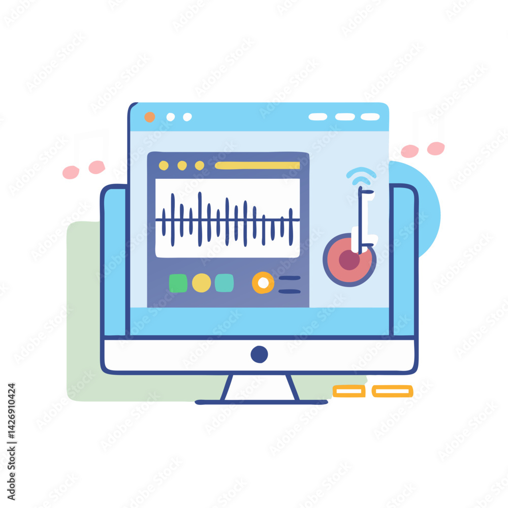 Poster audio editing software interface on computer with musical notes