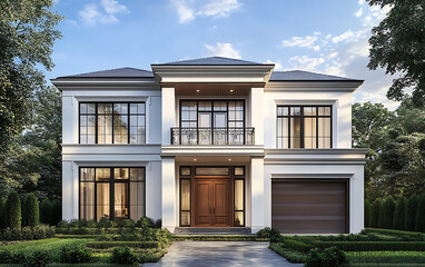 Modern house with two floors, white walls, and wooden elements on the facade, large windows overlooking green trees, a spacious garden in front of it, a garage door, a clear blue sky with clouds.