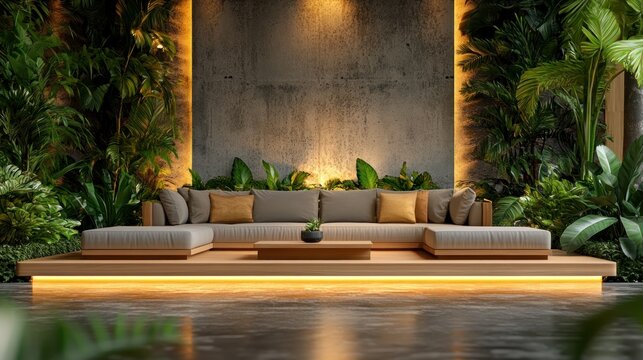 Tropical modern living area with wooden platform and concrete wall