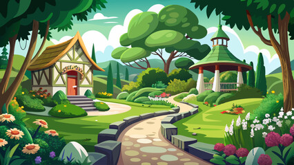 Obraz premium Very beautiful Natural cottage garden scene in white and green featuring a winding pathway.