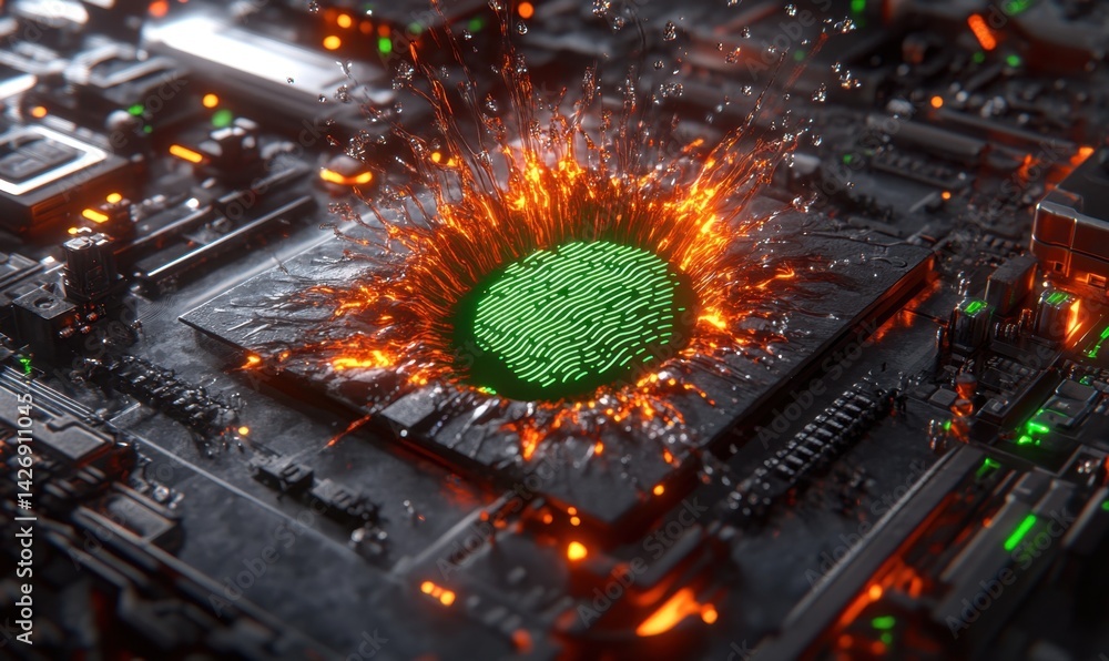 Aufkleber digital explosion on circuit board; data processing, futuristic tech