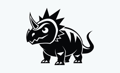 Obraz premium Triceratops silhouette, This image shows a black silhouette of a triceratops, a prehistoric dinosaur known for its three horns and frilled head. Vector clipart illustration design.