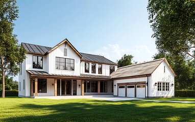 Obraz premium Modern house with white walls and wooden cladding, large windows on the first floor, garage in front of it, lawn near the two-story family home with trees, green grass around it.