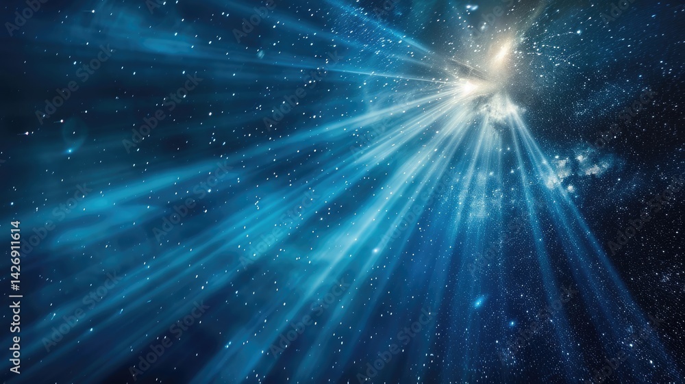 Poster A mesmerizing display of beams of light diverging in a cosmic backdrop, creating a sense of tranquility and wonder in the vastness of space.