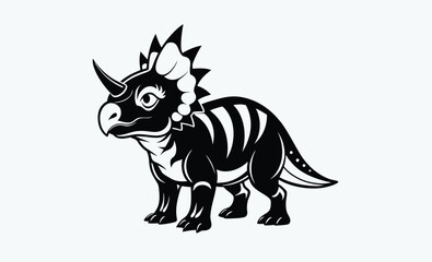 Triceratops silhouette, This image shows a black silhouette of a triceratops, a prehistoric dinosaur known for its three horns and frilled head. Vector clipart illustration design.
