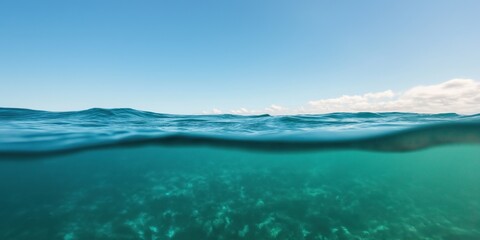 Fototapeta premium Calm ocean surface with clear blue sky and underwater view