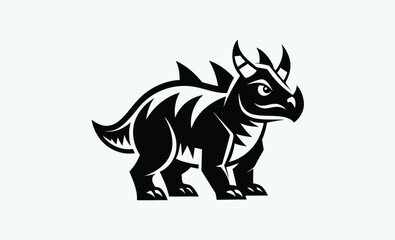 Triceratops silhouette, This image shows a black silhouette of a triceratops, a prehistoric dinosaur known for its three horns and frilled head. Vector clipart illustration design.