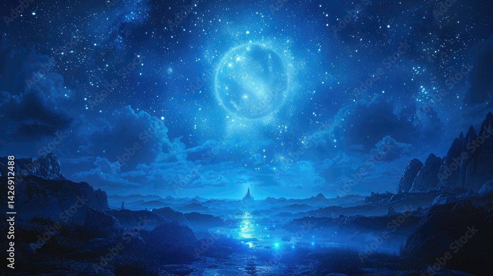 Poster abstract of seamless pattern magical star emit light in natural scene or sparkling particles on natu