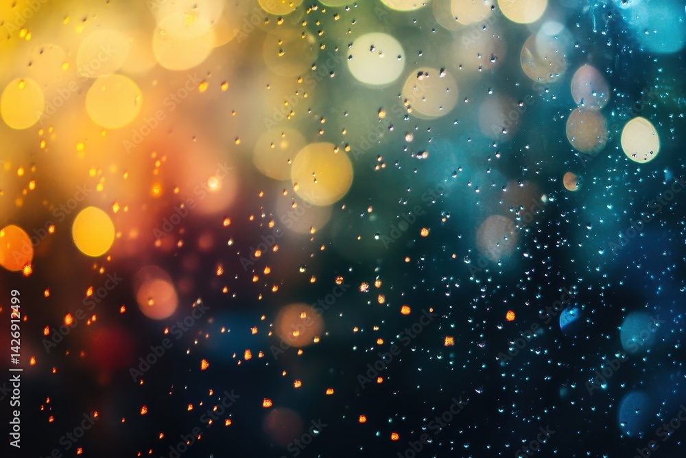 Poster abstract light leaks create colorful reflections on a black background with raindrop textures, abstr