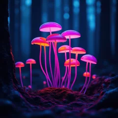 Schapenvacht deken Enchanting cluster of neon-colored glowing mushrooms creating magical light patterns on dark forest floor surrounded by twisted ancient trees   © Alex Pios