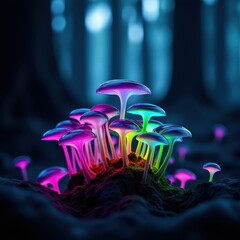 Fototapeta premium Enchanting cluster of neon-colored glowing mushrooms creating magical light patterns on dark forest floor surrounded by twisted ancient trees