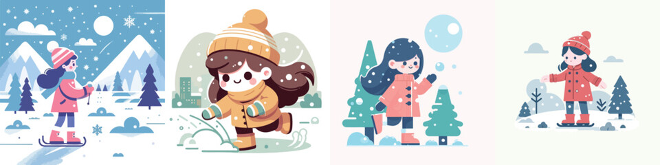 vector character of a girl playing in the snow