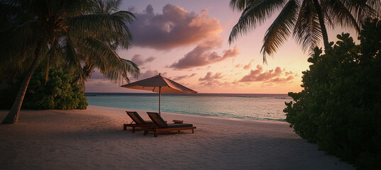 Fototapeta premium Paradise Beach Two Chairs, Sunshade, Palm Trees, Ocean, and a Stunning Sunset