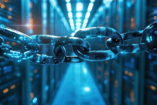 Data processing chain linked through server room infrastructure and technology, data processing with chain over server room