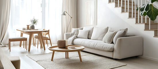Modern living room with a staircase and dining area, white walls, a grey sofa, beige carpet, light curtains, a contemporary-style interior design of modern home decor.
