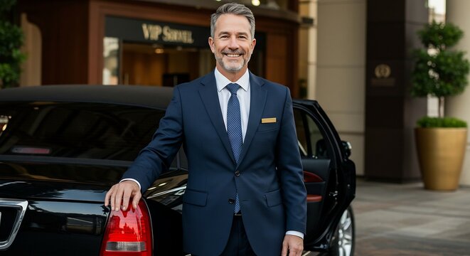 A well-dressed man stands proudly next to a luxury car outside a VIP hotel entrance. His confident pose and welcoming smile suggesting high-end service