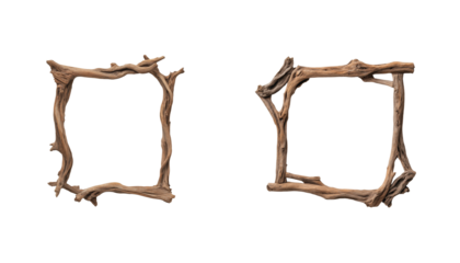 Wooden frames with natural twigs creating rustic borders for creative projects or home decor