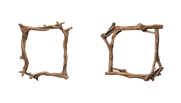 Wooden frames with natural twigs creating rustic borders for creative projects or home decor