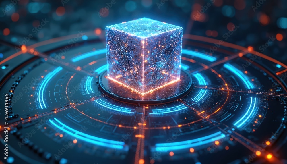 Aufkleber Futuristic tech interface cube with glowing digital lines, circuits. Representing AI, data processing, network, innovative technology, cyberspace, web. Blue and orange light abstract background.