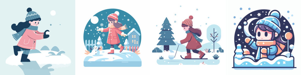 vector character of a girl playing in the snow