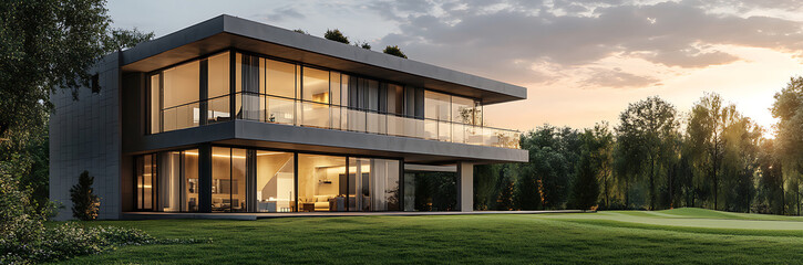 Modern two-story villa with large glass windows, on the grassy ground of a golf course with a sunset sky background.