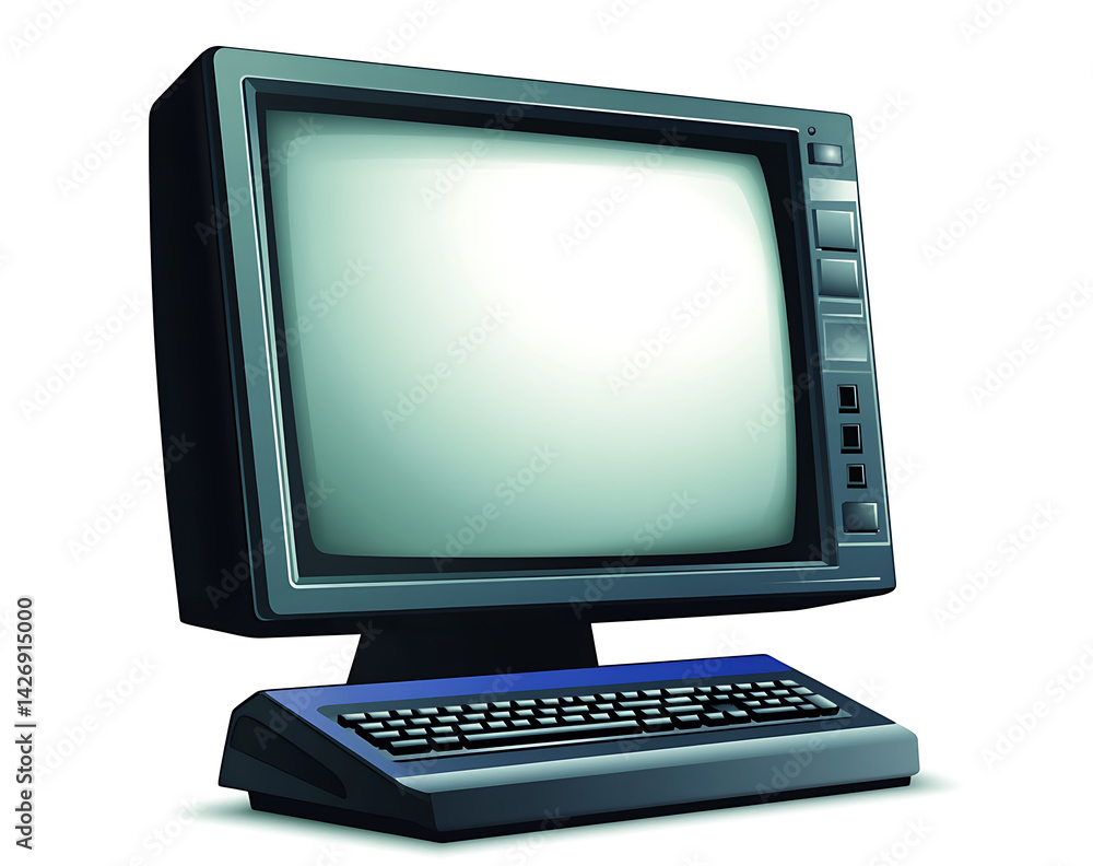 Poster modern vector illustration of a computer monitor with a blank white screen, set against a white back