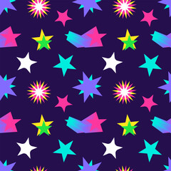 Vibrant abstract Memphis style seamless pattern featuring colorful stars on a dark blue space background. Perfect for wallpaper, wrapping paper and gift box, or textile and fabric.