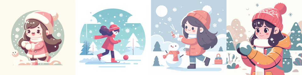 vector character of a girl playing in the snow