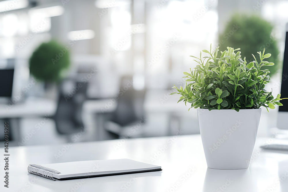 Poster modern white office with a computer, notebook, and plant on the table. blurred background of a busy 
