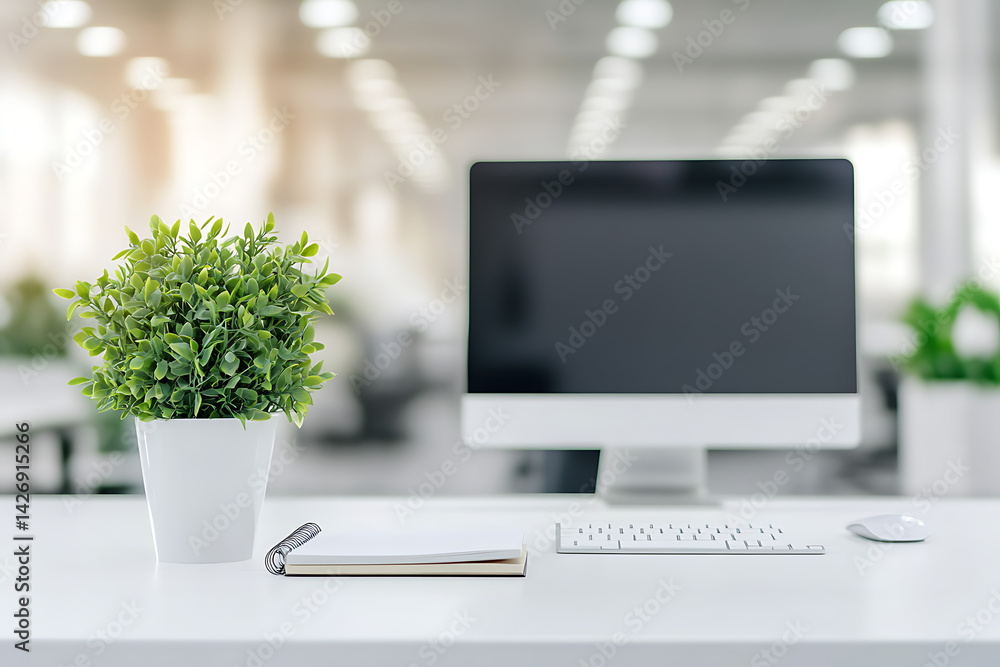 Poster modern white office with a computer, notebook, and plant on the table. blurred background of a busy 