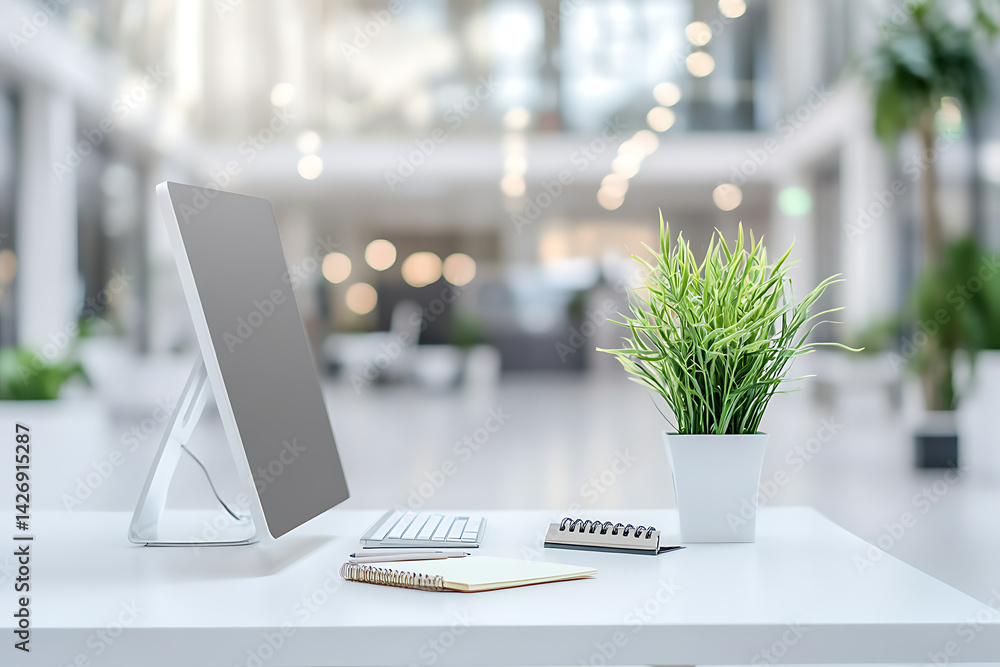 Poster modern white office with a computer, notebook, and plant on the table. blurred background of a busy 