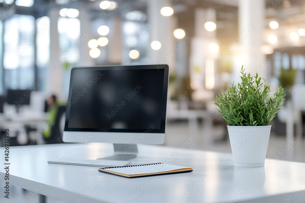 Poster modern white office with a computer, notebook, and plant on the table. blurred background of a busy 