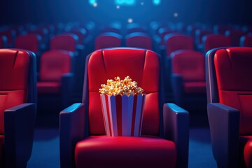 Empty cinema seats with popcorn