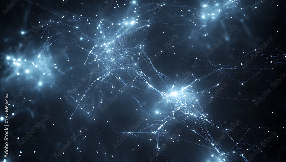 Poster neurons enclosed in an abstract background with dark blue and white colors, featuring glowing neural