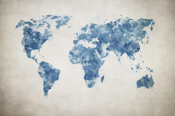 Grunge world map on vintage paper background in watercolour style..