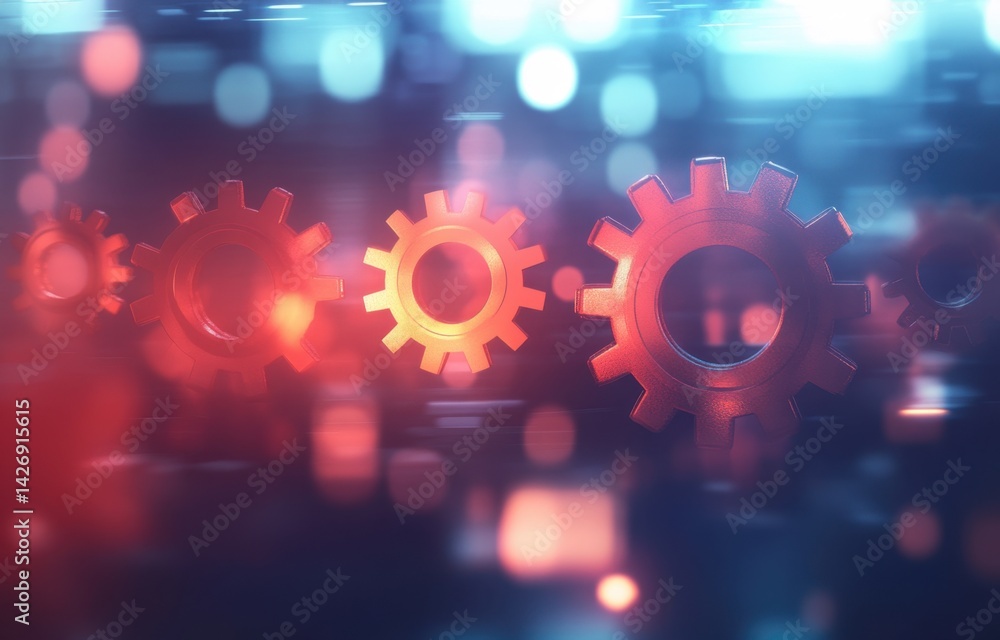 Poster gears and cogs, with the background blurred to show an office or data center environment generative 