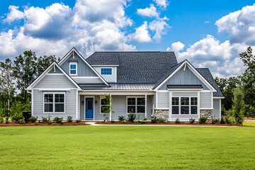 New construction home in central South Carolina, traditional style with light gray color scheme and blue accents on the front door, white trim, gable roof, vinyl siding, green grass lawn.