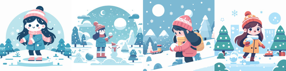 vector character of a girl playing in the snow