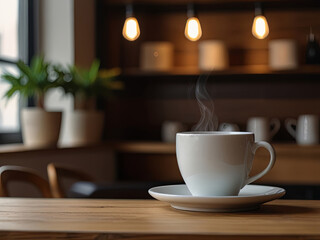 Hot Coffee in White Cup with Steam Rising in Cozy Cafe Setting