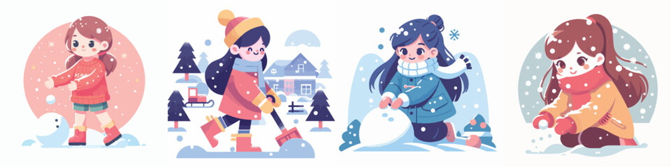 vector character of a girl playing in the snow