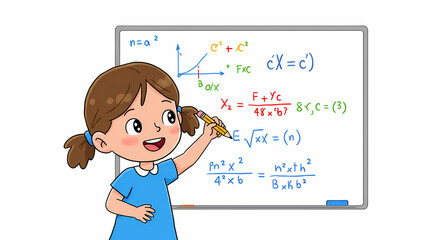  little girl standing in front of a blackboard, writing a math exercise with a piece of chalk. The blackboard features numbers and simple equations, while the girl is focused and engaged in solving th