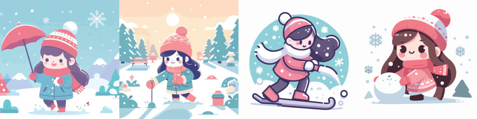vector character of a girl playing in the snow