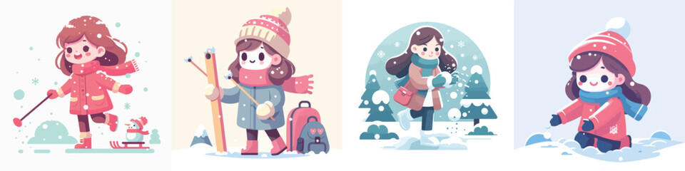 vector character of a girl playing in the snow
