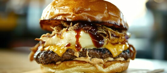 Delicious gourmet burger with crispy onions and melted cheese close up