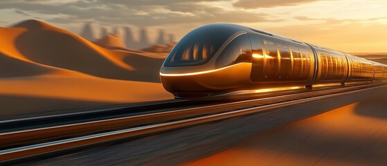 futuristic high-speed train traveling through the desert at sunset