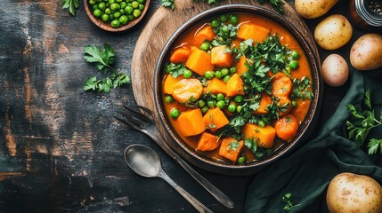 A warm bowl of vegan curry filled with ingredients like potatoes, carrots, peas, parsley, and pumpkin, served on a rustic kitchen table, showcasing a comforting and nutritious plant-based meal.